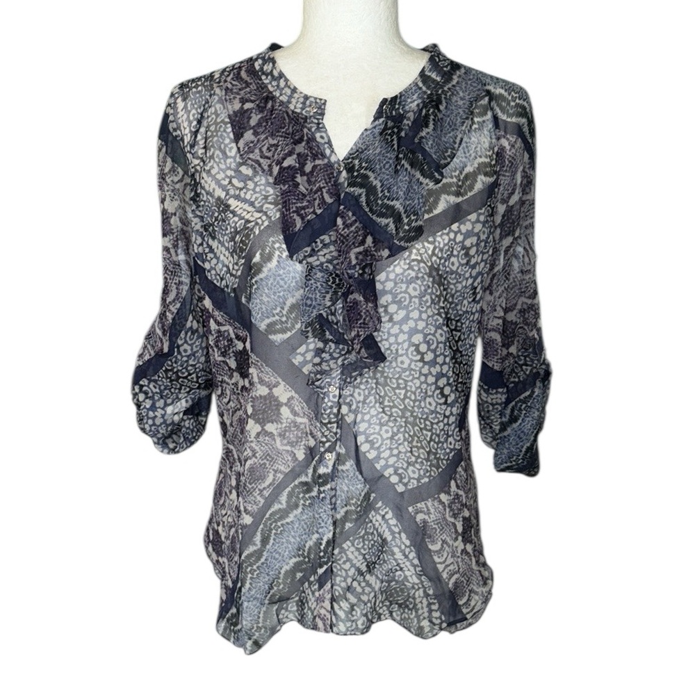 Anthropologie Yoana Baraschi Silk Blue & Purple Animal Printed Ruffle Blouse - M